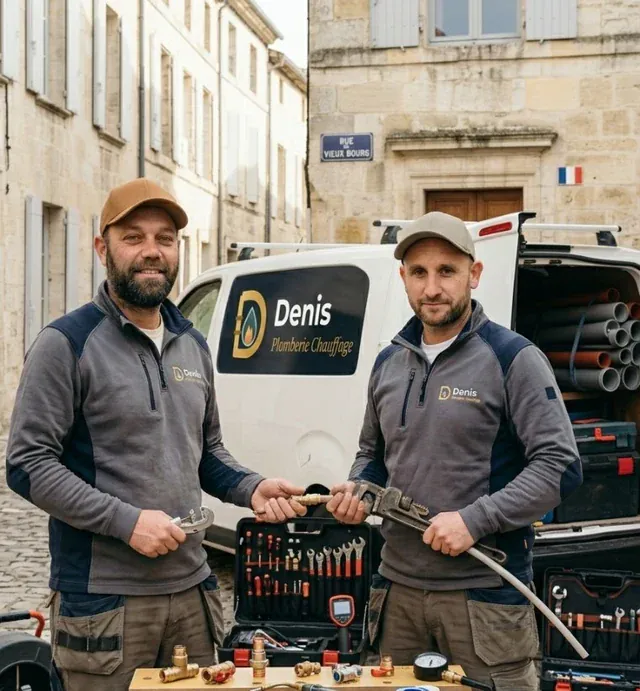 Baptiste et Benjamin Denis, plombiers-chauffagistes, devant le camion Nogues Plomberie Chauffage